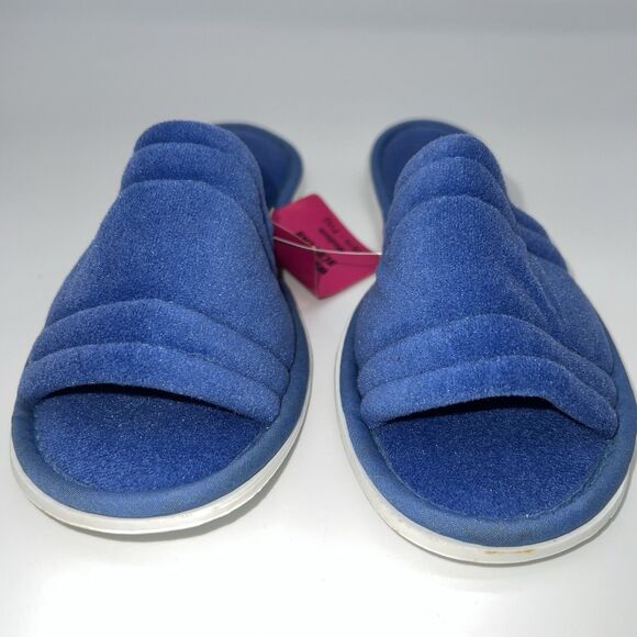 VTG Love Mates Velvety Blue Open Toe Flat 1970s Slip-On House Shoes-Washable-NOS - Picture 2 of 7